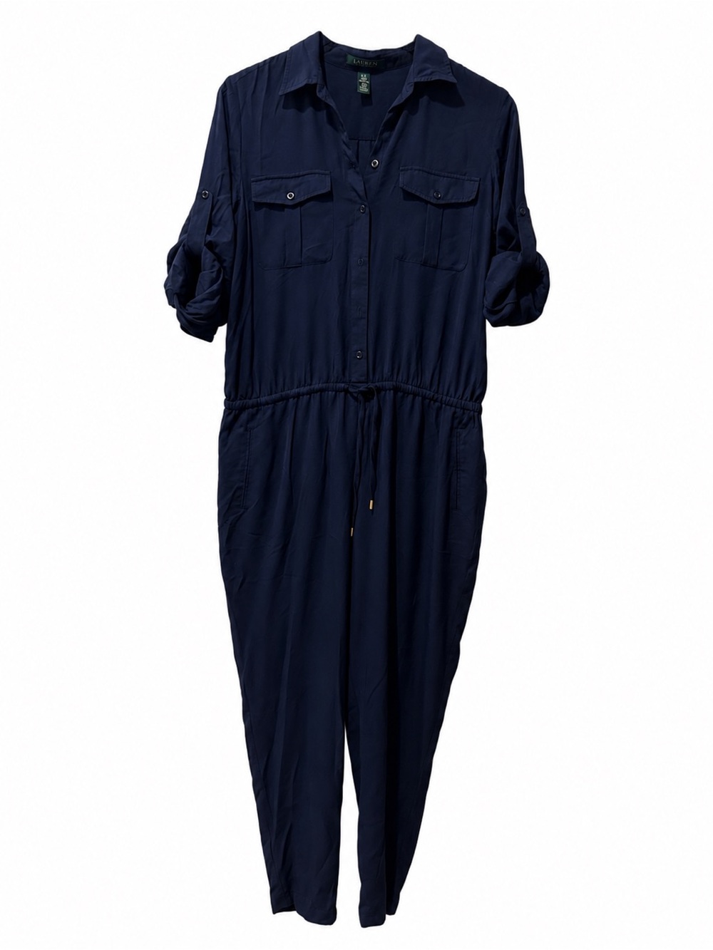 Ralph Lauren Navy Utility Jumpsuit Size 8 Elastic Waist roll tab sleeve pockets